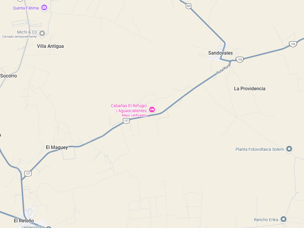 Mapa real de Google con la ubicación de Cabañas El Refugio, sobre la carretera a Sandovales